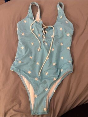 Women’s Light Blue Star One-Piece Swimsuit with Lace-Up Front